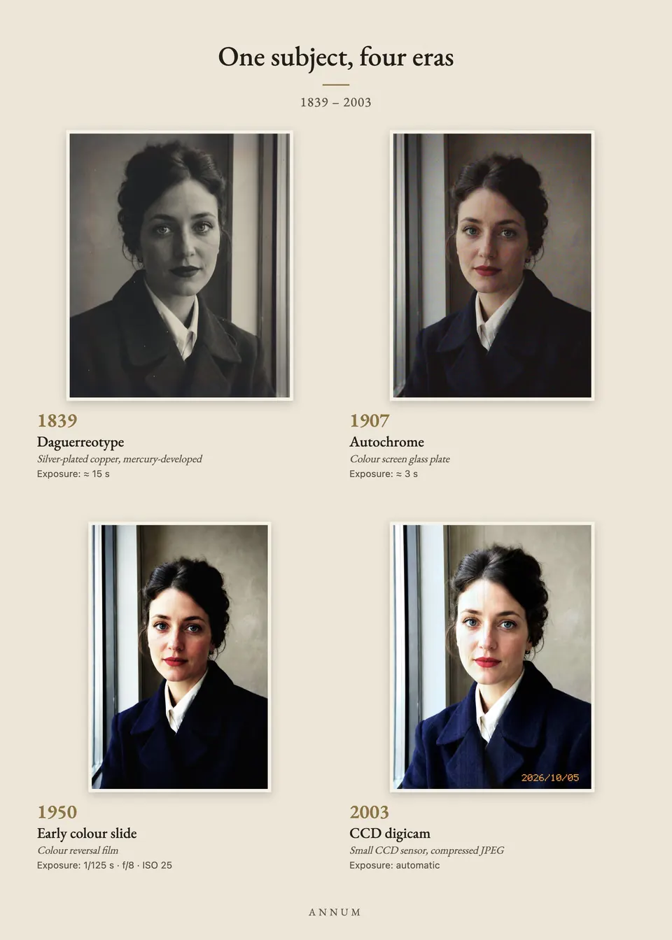 A 4-era sheet made with Annum: the same portrait as a daguerreotype (1839), an autochrome (1907), an early colour slide (1950) and a CCD digicam (2003)