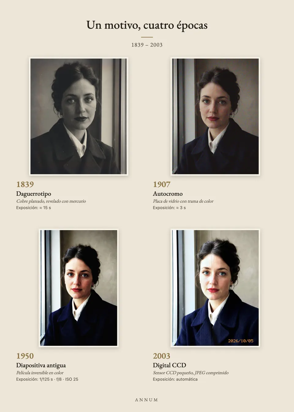 Una hoja de cuatro épocas hecha con Annum: el mismo retrato como daguerrotipo (1839), autocromo (1907), primera diapositiva en color (1950) y digicam CCD (2003)