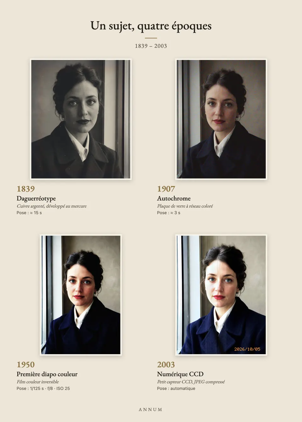 Une planche quatre époques faite avec Annum : le même portrait en daguerréotype (1839), autochrome (1907), première diapositive couleur (1950) et digicam CCD (2003)